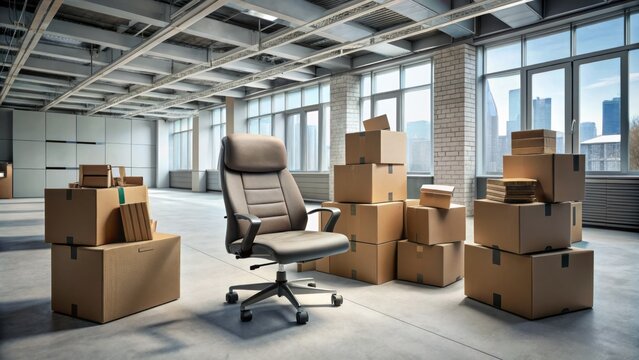 Abandoned office space with disarrayed stack of cardboard boxes and an office chair, echoing the uncertainty of business relocation.