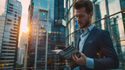 Fototapeta premium A stylish young entrepreneur holding a wallet and reviewing his bank passbook, with a cityscape in the background.