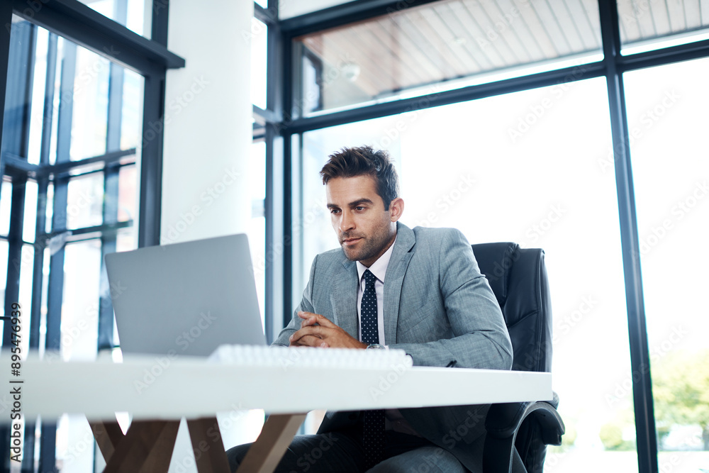 Poster investment, laptop and thinking with man trading in office for financial or portfolio growth. comput
