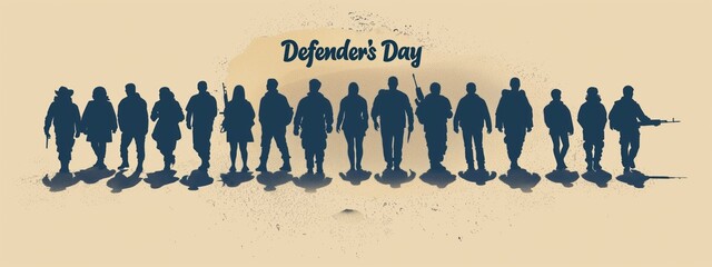 Silhouettes of diverse soldiers standing in line with text "Defender's Day" on textured background. Military celebration, national defense, honoring soldiers, patriotic event, veteran tribute concept.