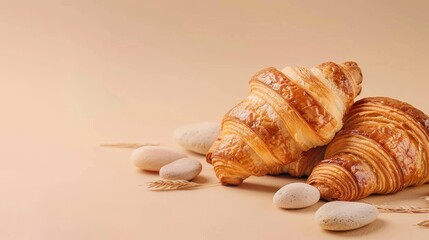 Freshly Baked Croissants with Stone and Wood Accents on Light Beige Background