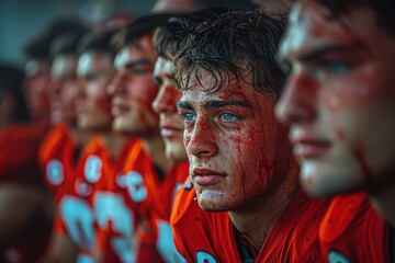Obraz premium A group of bloodied football players sitting on the bench focused and determined, showcasing the intensity and physicality of the sport in a captivating image.