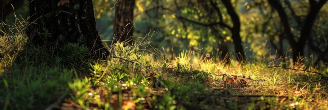 A sunbeam pierces through the canopy of a dense forest, illuminating the green mossy forest floor, creating a serene and tranquil atmosphere. The sunlight highlights the intricate details of the fores