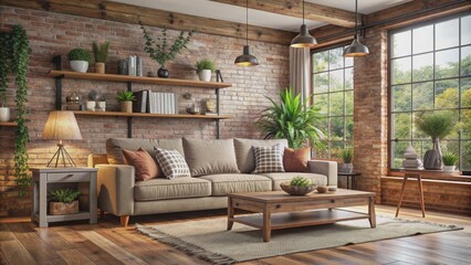 Modern rustic living room with a comfortable sofa , modern, rustic, living room, sofa, comfortable, cozy, interior, design