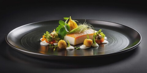 Beautifully arranged Michelin star restaurant dish on a black plate