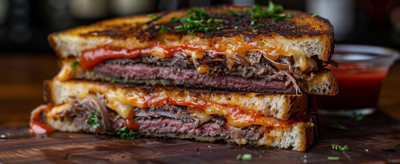 Close Up of a Steak Sandwich With Red Bell Peppers and Onions on a Wooden Cutting Board,AI
