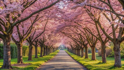 Cherry blossom trees lining a serene pathway in full bloom during spring, nature, floral, springtime, pink, petals, blooming