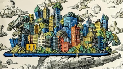 Fototapeta premium A creative representation of a hand presenting a smartphone with a vibrant cityscape and green foliage growing from the screen The backdrop includes a full moon and clouds