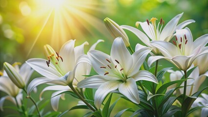 Obraz premium Delicate white lilies with vibrant green leaves in a spring garden setting, blooms, flowers, nature