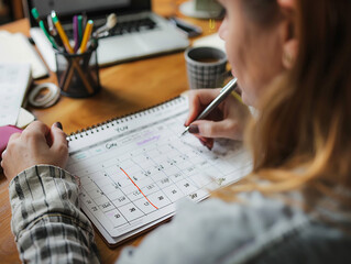 Individual planning their week with a calendar, high resolution, focus on balanced and productive schedule,