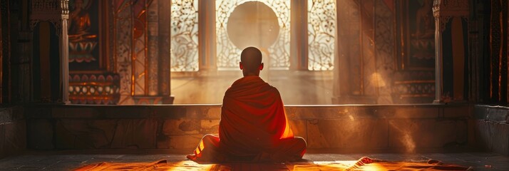 A lone monk sits in meditation in a serene temple setting, bathed in warm sunlight that streams through a window, symbolizing peace, spirituality, inner peace, enlightenment, and connection.