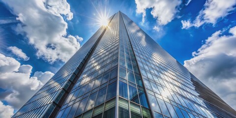 Obraz premium Modern glass skyscraper reaching towards the sky, building, sky, clouds, architecture, urban, city, tall, corporate