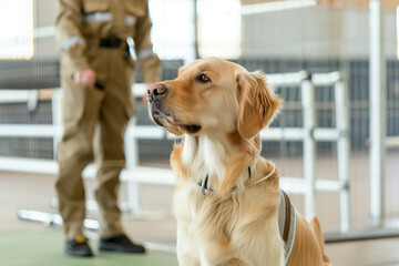 Trained service dog wearing a harness with a handler in uniform in a fenced indoor facility. Assistance animal training, service dog certification, mobility aid, therapy dog program.