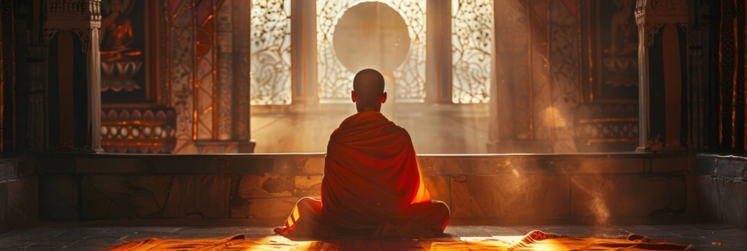 A lone monk sits in meditation in a serene temple setting, bathed in warm sunlight that streams through a window, symbolizing peace, spirituality, inner peace, enlightenment, and connection.