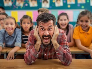 Teacher is crying in classroom with group of kid students.