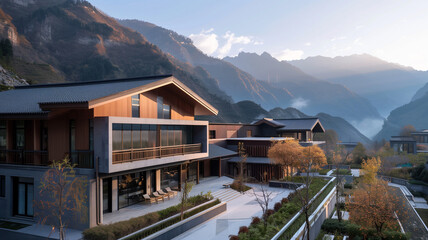 Obraz premium Wide angle view of modern japanese hotel. landscape background.