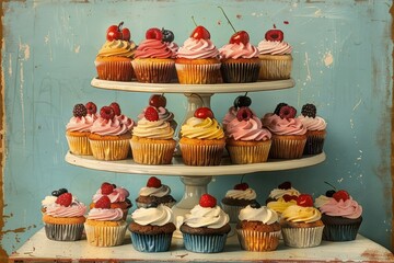 Vintage illustration of a tiered cupcake stand overflowing with cupcakes.