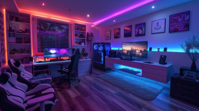 An impressive gaming room with the latest consoles, virtual reality setups, and ambient lighting. - Powered by Adobe