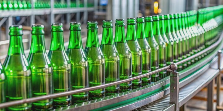 Green glass bottles without labels on conveyor in beer factory, beer, factory, production line, automated