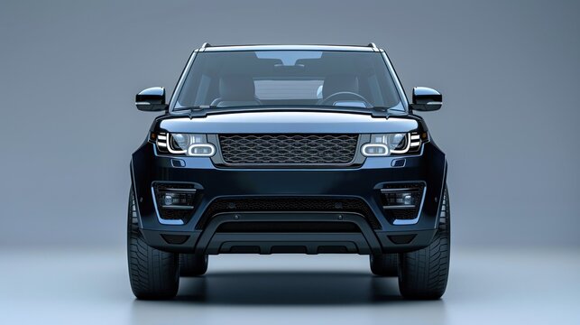A stylish 3D rendering of an SUV positioned in front of a plain background with extensive copy space The vehicle's robust design and detailed textures are highlighted by the lighting giving it a