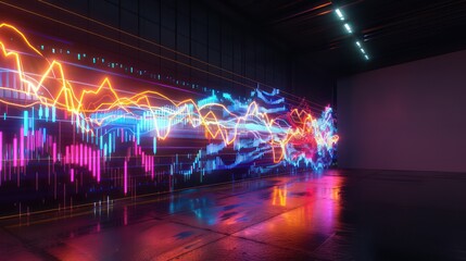 conceptual artwork depicting the energy of the stock market, shown as a vibrant, pulsating light installation in a dark room