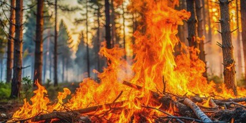 A close-up of a raging fire in a forest during hot summer weather, forest fire, dangerous, summer, hot, care, prevention