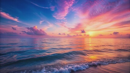 Fototapeta premium Tranquil ocean at sunset with pink sky glow, calm, ocean, sunset, pink sky, water, reflection, peaceful, serene, beauty, nature