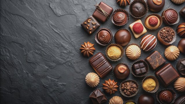 Sumptuous spread of assorted chocolates to celebrate world chocolate day on a dark backdrop