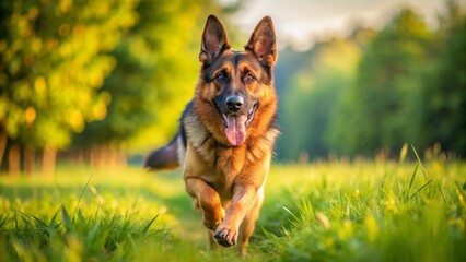 Adorable energetic German Shepherd dog runs freely with joyful abandoned in lush green open space on sunny day.