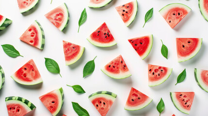 An artistic arrangement of watermelon slices on a white background, highlighting the contrast of colors