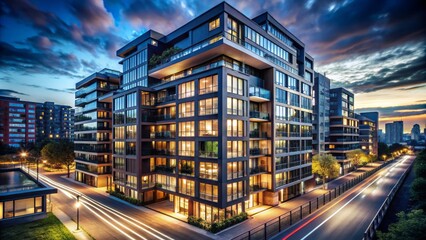 Obraz premium Modern dark-toned apartment building with sleek architecture occupies foreground, contrasting with vibrant, blurred city lights in the background.