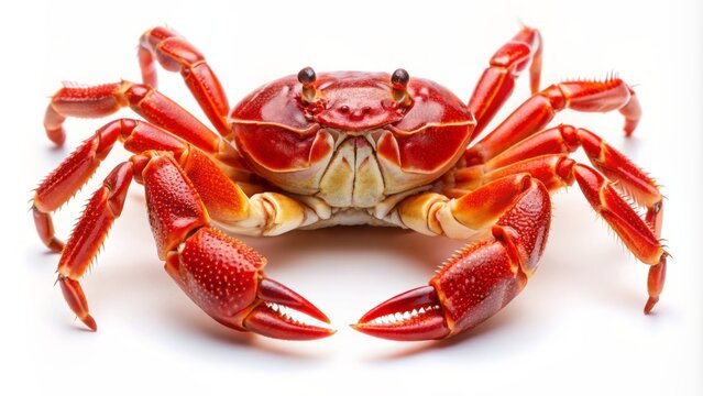 Vibrant bright red crab with white underside and long legs stands alone on a transparent isolated white background.