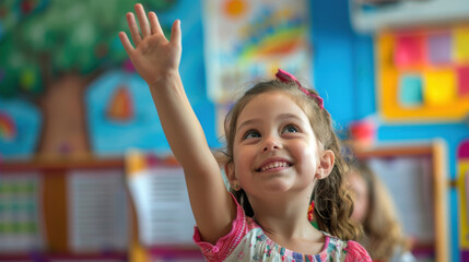 A young learner raising their hand with enthusiasm in a vibrant and engaging classroom, ready to share their answer