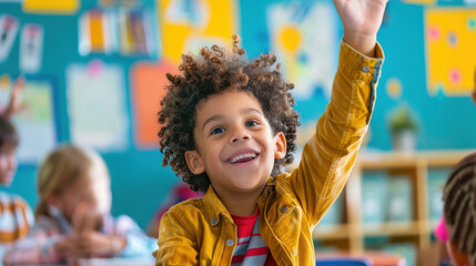 A young learner raising their hand with enthusiasm in a vibrant and engaging classroom, ready to share their answer