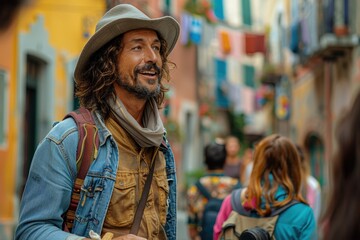 An adventurous man in a wide-brimmed hat explores a colorful urban environment outdoors, embodying the spirit of discovery and curiosity in a lively, vibrant setting.