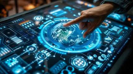 Human interacting with interactive holographic earth globe on virtual display screen