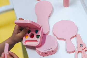 wooden make up tool toy. made of wood, made of wood imitating cosmetic accessories, Eco-friendly toys