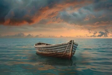 A serene boat floats calmly on tranquil waters under a dramatic sky at sunset, embodying peace and solitude.