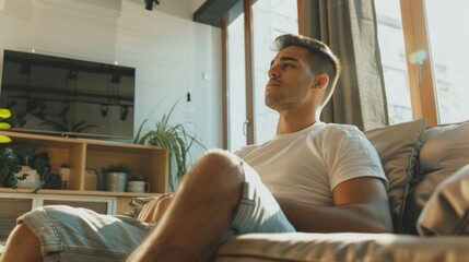 Fototapeta premium A man is sitting on a couch in a living room