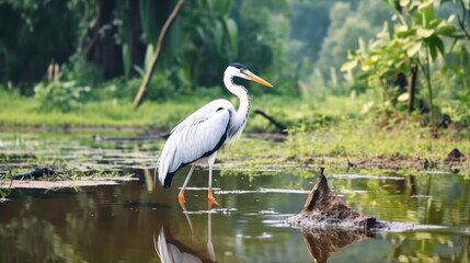 Gray Heron in Shallow Water