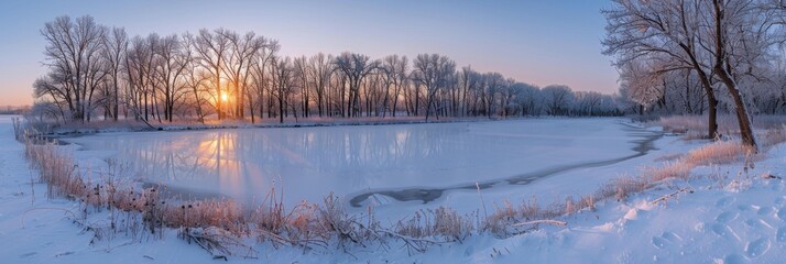 Beautiful winter sunrise over a frozen lake with snowy trees and a tranquil landscape, captured in a serene, panoramic view.