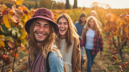 Fototapeta premium A group of people are walking through a field of autumn leaves