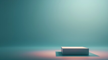 3D render of a square podium stand, minimalistic design, neon glow, isometric view, soft shadows, high detail