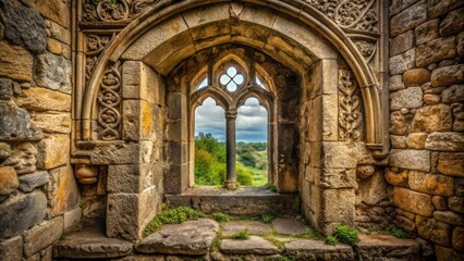 Fototapeta premium Ancient stone window with intricate carvings and worn stone walls in a deserted abandoned medieval ruin scene.