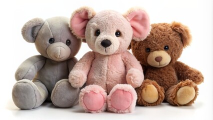 Fototapeta premium Adorable trio of cuddly toys, a brown bear, pink bear, and gray elephant, sit together on a soft, white background.