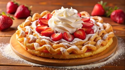 Golden-brown funnel cake overflowing with sweet strawberry filling, topped with a fluffy swirl of whipped cream, against a warm background.
