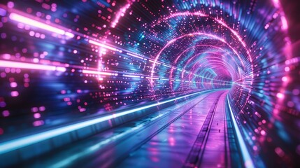 Digital vibrant neon tunnel with motion blur and pink blue lights creating an abstract background