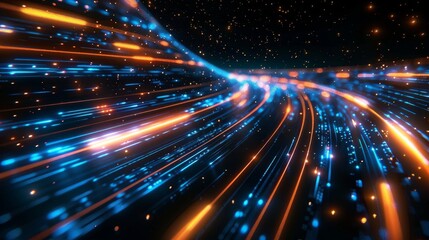 Obraz premium Dynamic neon streaks in blue and orange creating an abstract technology background
