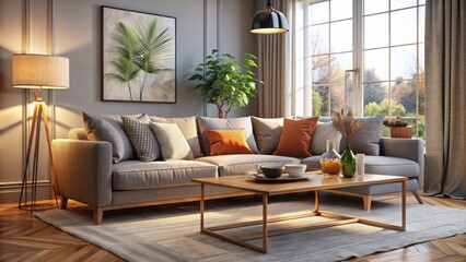 Fototapeta premium Cozy living room setting with modern sofa, soft cushions, and sleek coffee table amidst warm and calming interior ambiance.