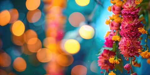 Vibrant marigold flowers against festive lights backdrop